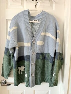 Aelfric Eden Medium Knit Cardigan Sweater with Cow and Landscape Pattern